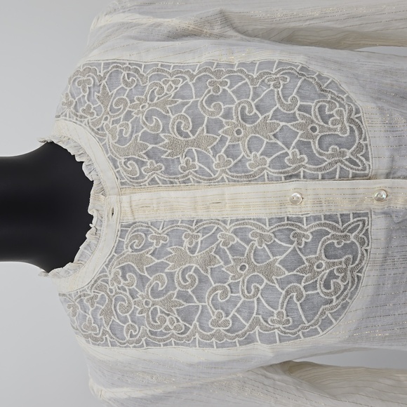 Anthropologie Floreat Womens Embroidered Lace Peplum Blouse Gold Thread  Size 10 - Picture 6 of 16